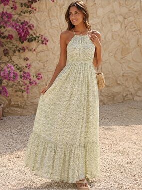 Just Me Pale Green Floral Halter Maxi Dress